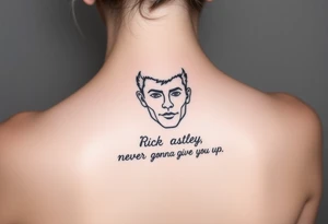 Rick Astley Face and Never Gonna Give You Up text tattoo idea