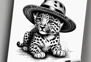 baby leopard walking with a straw hat tattoo idea