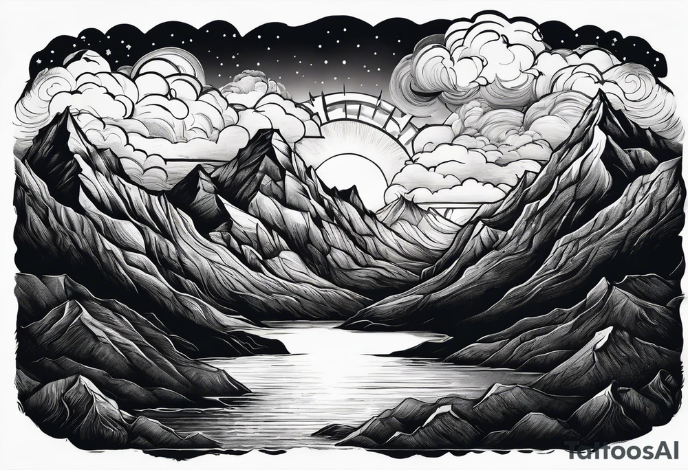 Mountain Range coming Out of the sea and Clouds. Sunrise in a night Sky above the Mountains. tattoo idea