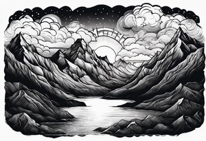Mountain Range coming Out of the sea and Clouds. Sunrise in a night Sky above the Mountains. tattoo idea