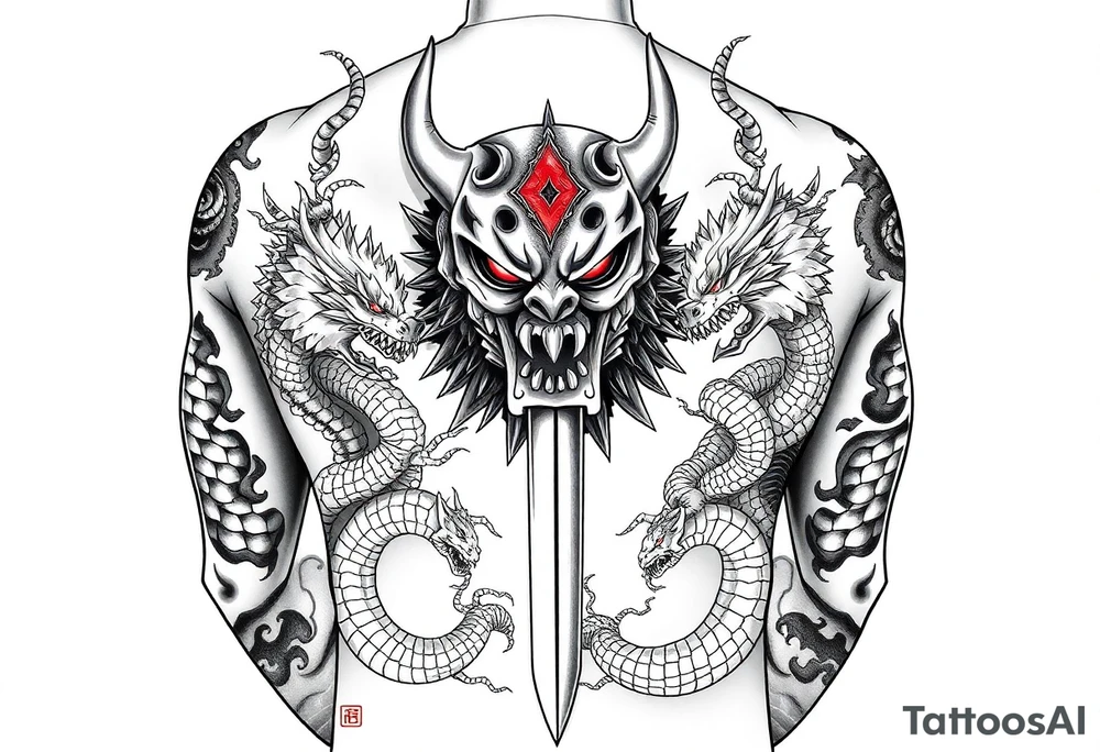 Back Tattoo with An Oni With a broken mask and a Sword, Dragons & snakes tattoo idea