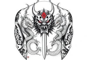 Back Tattoo with An Oni With a broken mask and a Sword, Dragons & snakes tattoo idea