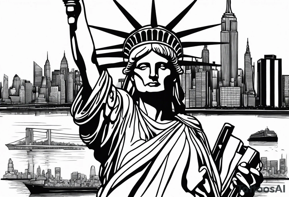 Statute of liberty head in background with new york city skyline in foreground. tattoo idea