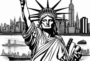 Statute of liberty head in background with new york city skyline in foreground. tattoo idea