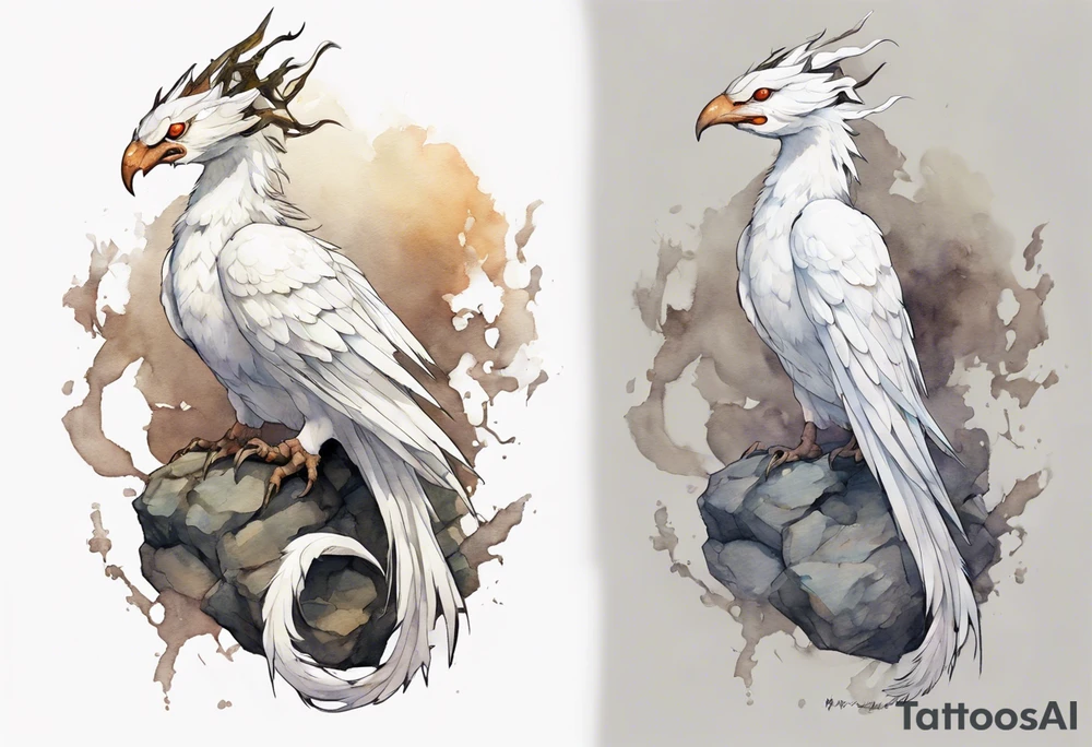a white bird-serpent hybrid, wearing a iron crown, perched on a stone tattoo idea