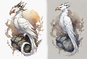 a white bird-serpent hybrid, wearing a iron crown, perched on a stone tattoo idea
