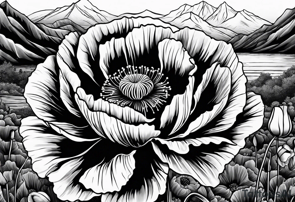 Poppy flower with colorado mountains and the ocean tattoo idea