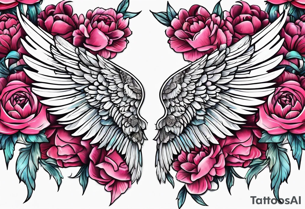 beautiful angel wings with floral peonies, roses, neon, brightly colored. highly detailed, tattoo idea
