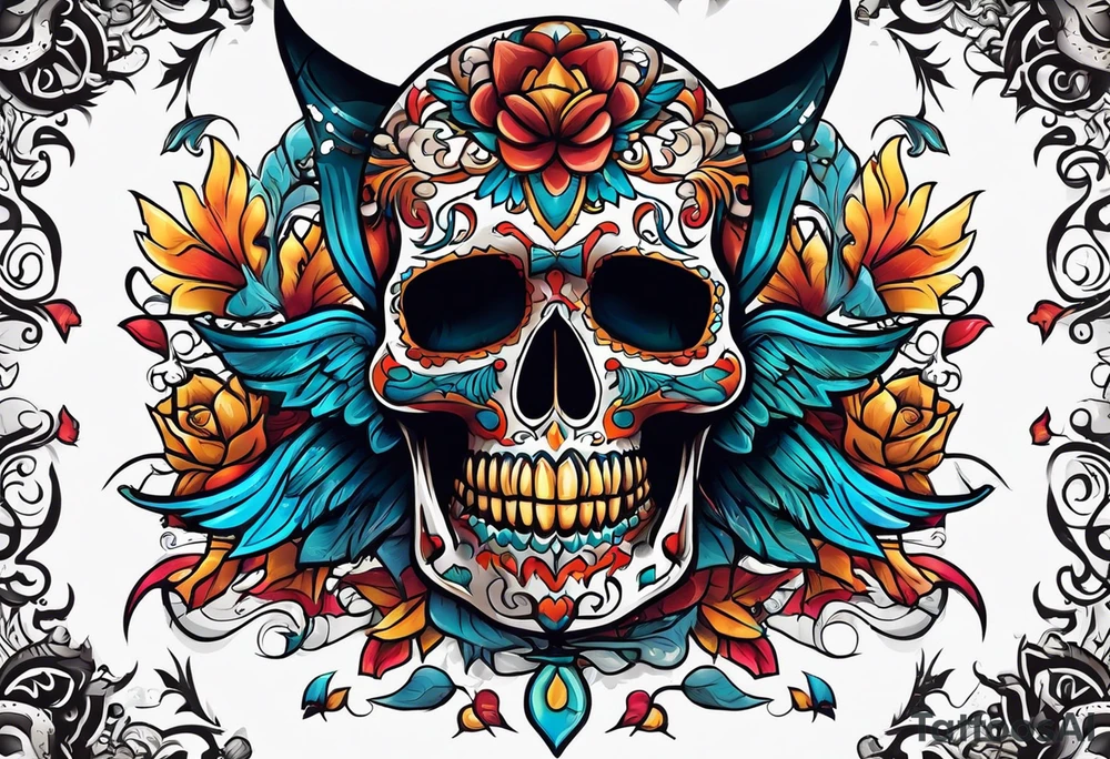 Colorful Mexican hieroglyph skull with bats and water tattoo idea