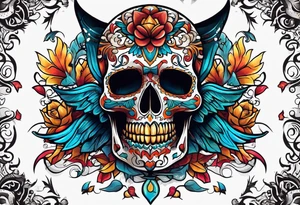Colorful Mexican hieroglyph skull with bats and water tattoo idea