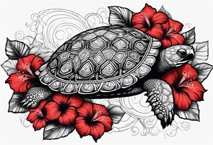 Black Polynesian turtle with red hibiscus flower in the middle of turtles shell tattoo idea