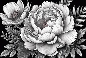 Peony flowers, fern fronds, Rosa laevigata, and hellebores tattoo idea