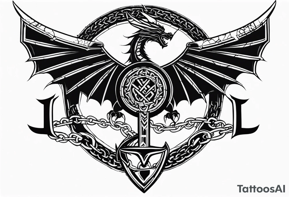 Valhalla sword shield dragon axe Valknut barbed wire chains tattoo idea Valhalla sword shield dragon axe Valknut barbed wire chains tattoo idea