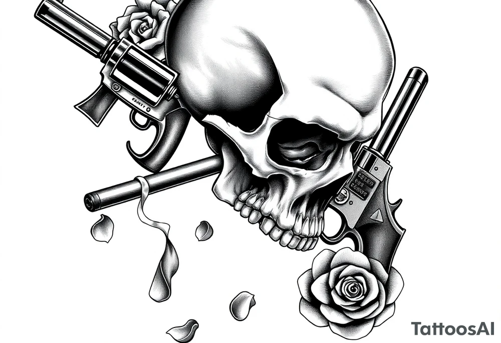 Close-up skull profile, cigar burning, vintage revolvers flanking, rose petals falling. tattoo idea