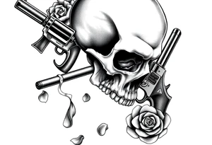Close-up skull profile, cigar burning, vintage revolvers flanking, rose petals falling. tattoo idea