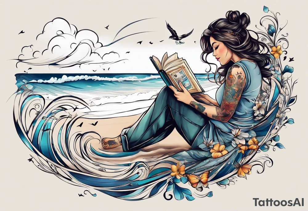 Someone is sitting on the beach reading a book and the pages are flying in the wind, the purpose of the tattoo is to emphasize that just as the pages are flying in the wind, you also have to flip through situations in life tattoo idea