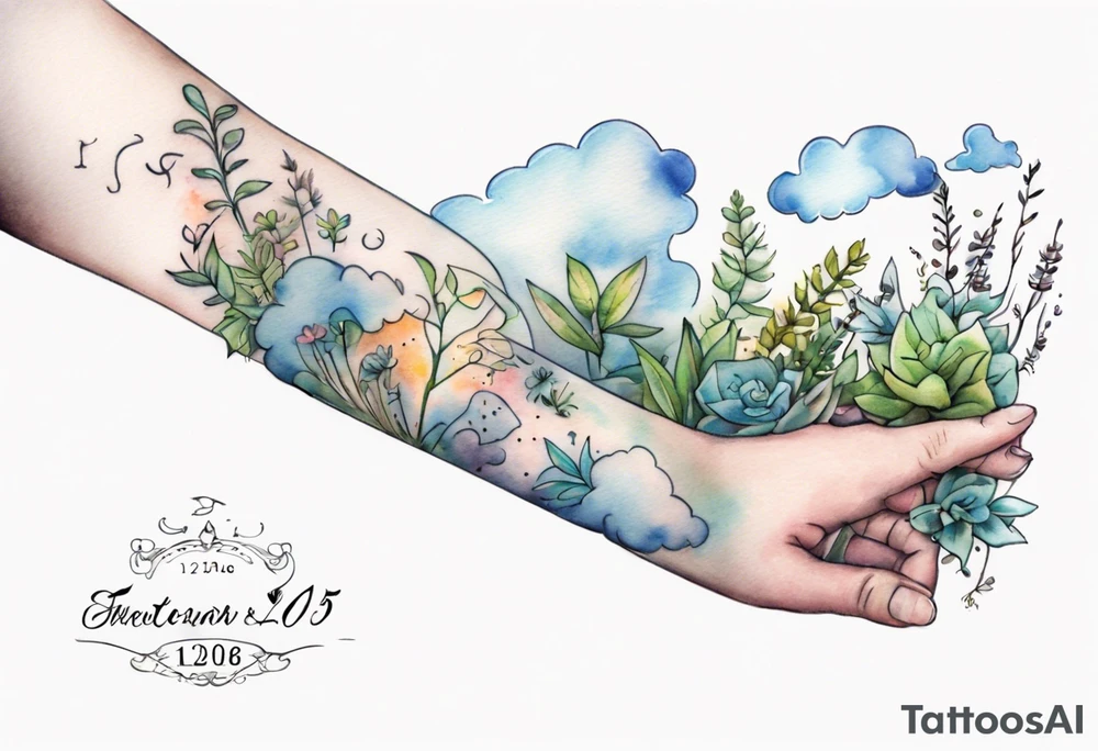 a forearm tattoo with a cloud with little plants and underneath it the date 12.08.05 tattoo idea
