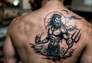 young, happy, fit poseidon in calm water, holding a trident, drinking a beer, with sunset, with ski bare feet tattoo idea