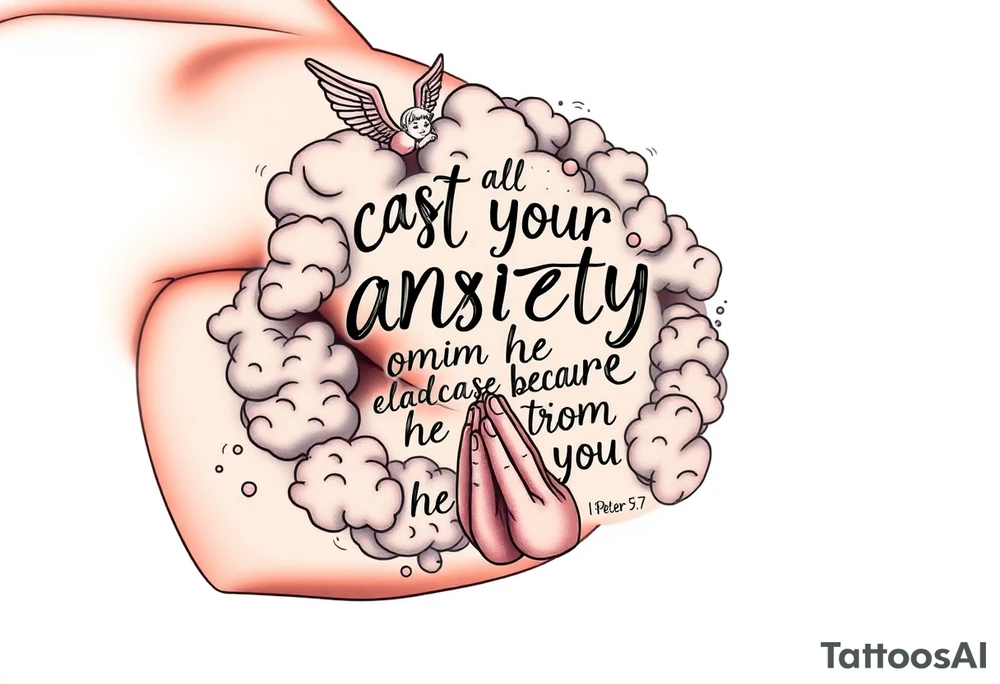 cast all your anxiety on him because he cares for you"  1 peter 5:7 surrounded with clouds and angels and praying hands tattoo idea