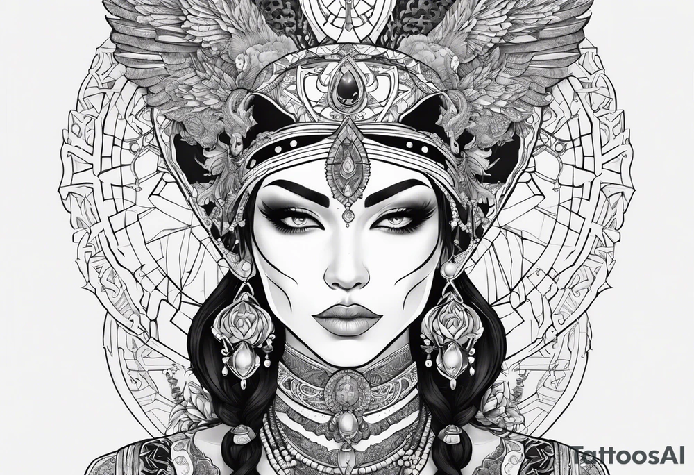 kali ma, alien goddess, valkrye, aries, pirate, divine feminine, zenza resonance, pachamama, lotus azul, blank panther, eagle, skull, 5D, nueva gaya, dna 12, left side chest tatoo tattoo idea