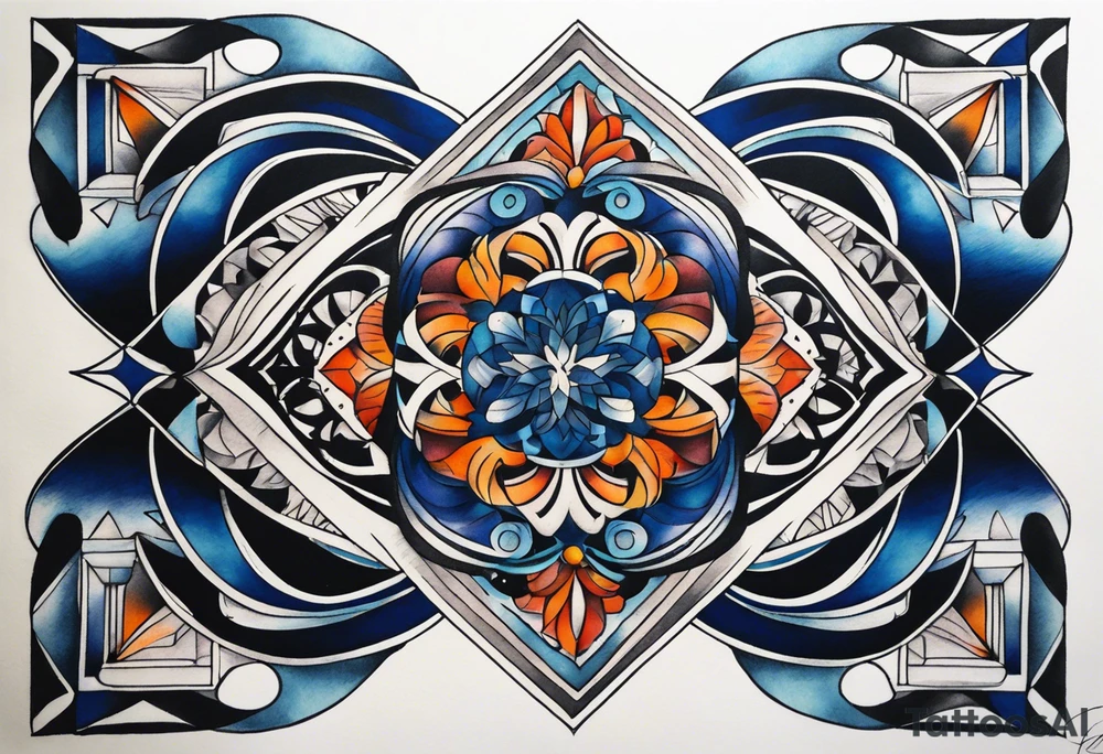 semi Detailed neo traditional knee tattoo flat on paper. The tattoo features geometric patterns and bold lines, creating a visually striking design with slight tints of deep fall colors. The background 
outside the tattoo features deep blues washes and water swirls tattoo idea