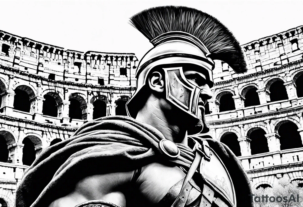 Side profile of spartan soilder looking right at distant Roman colosseum tattoo idea