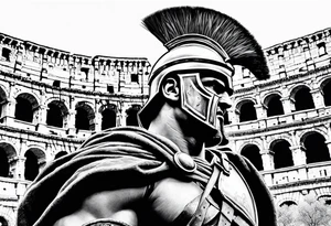 Side profile of spartan soilder looking right at distant Roman colosseum tattoo idea