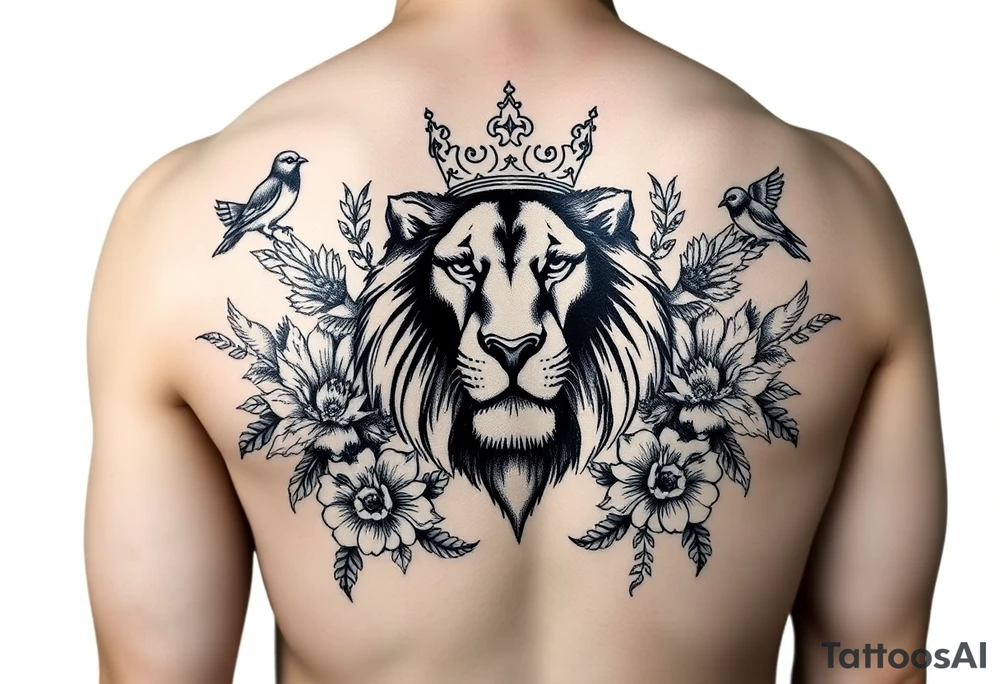 powerful majestic lion with a crown, surrounded by floral ornaments and birds tattoo idea