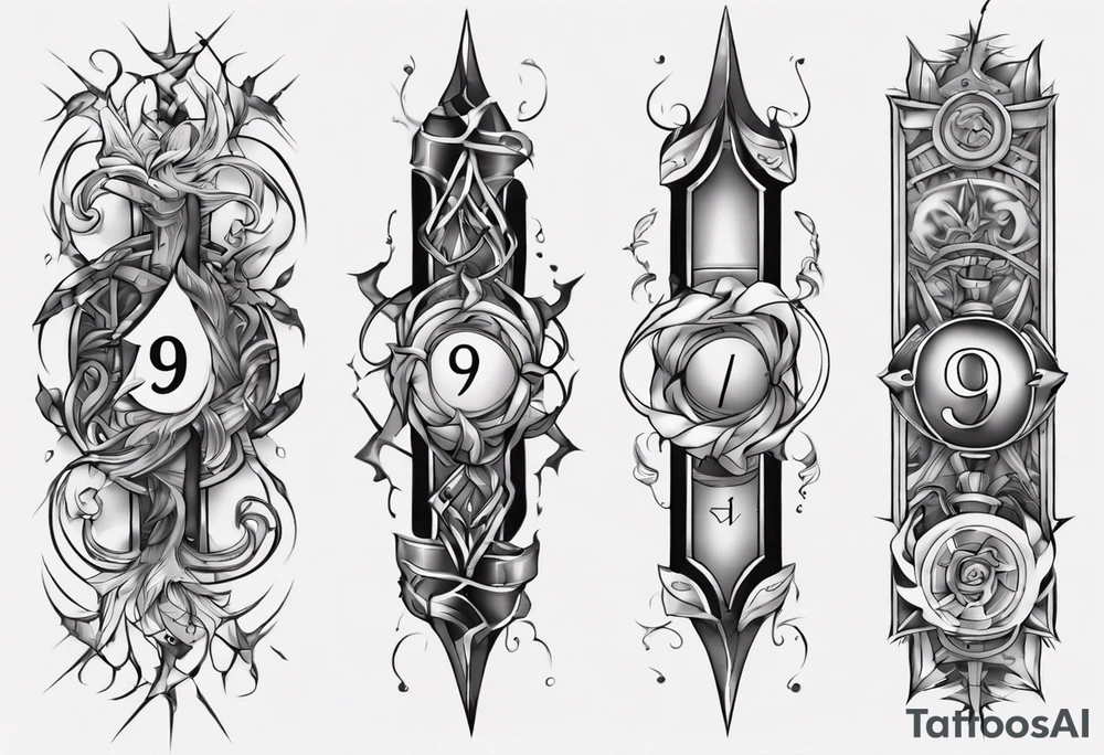 number 9 right side up and upside down connected tattoo black and grey on inside forearm 9:16 aspect ratio tattoo idea