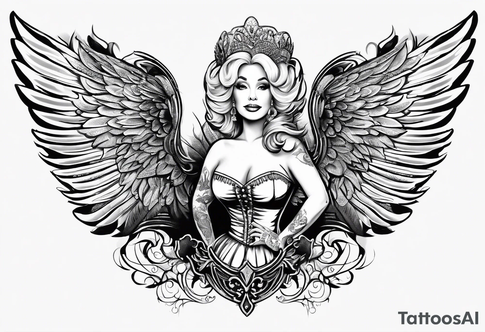 An angelic tattoo featuring Dolly Parton, an acorn, wings tattoo idea