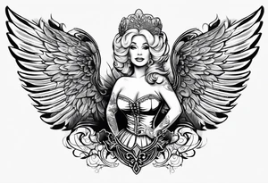 An angelic tattoo featuring Dolly Parton, an acorn, wings tattoo idea