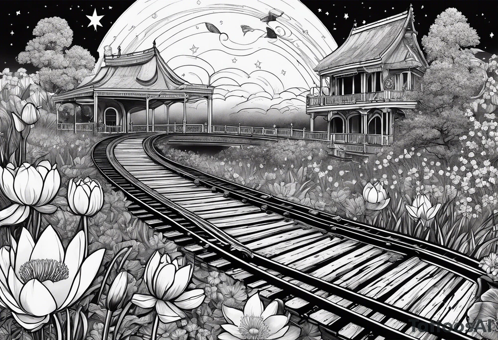 roller coaster track, water lily, daffodils, space and stars, skulls tattoo idea