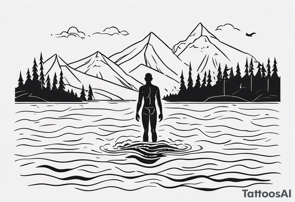man swimming in lake. minimalist tattoo. No mountains in the background, not a lot of details tattoo idea