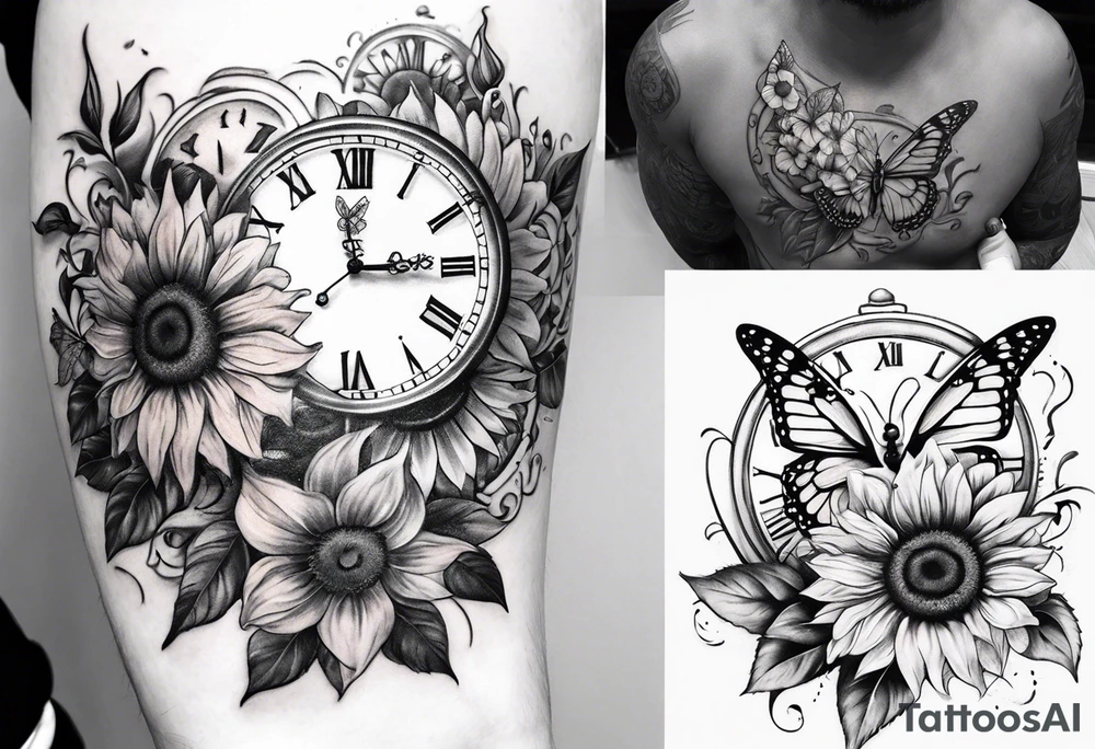 Sleeve with clock, sunflower and butterflies tattoo idea