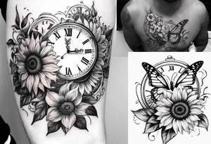 Sleeve with clock, sunflower and butterflies tattoo idea
