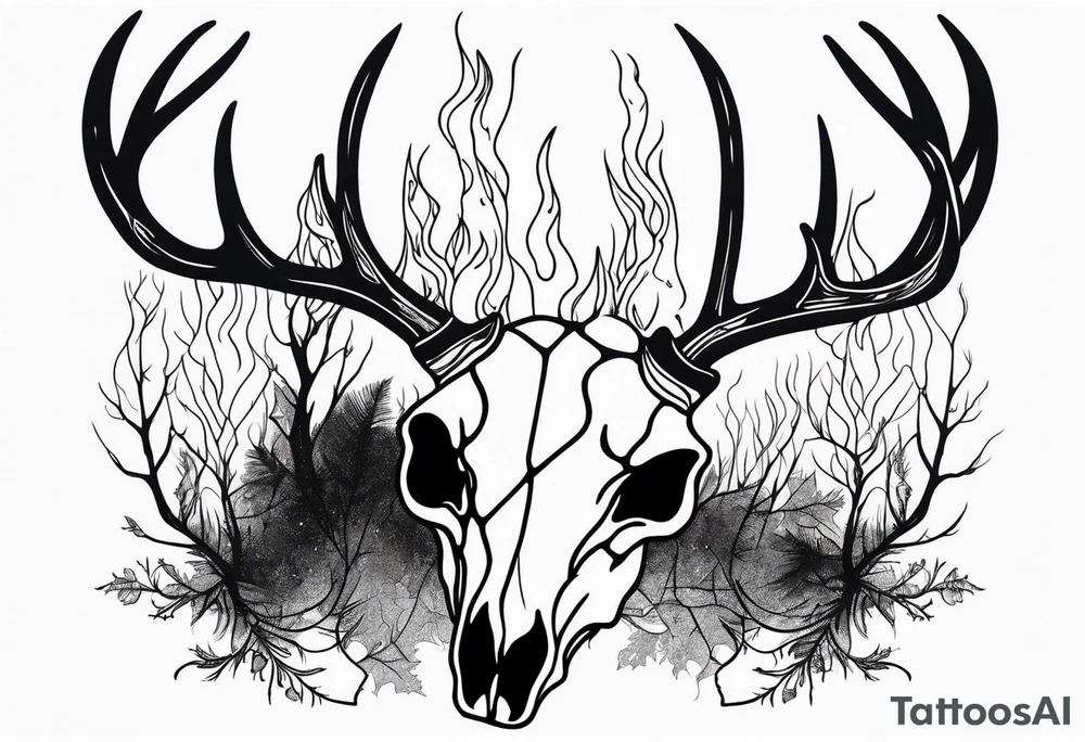 side profile of a DECAYING deer skull JUST BONE surrounded by a flames and trees tattoo idea