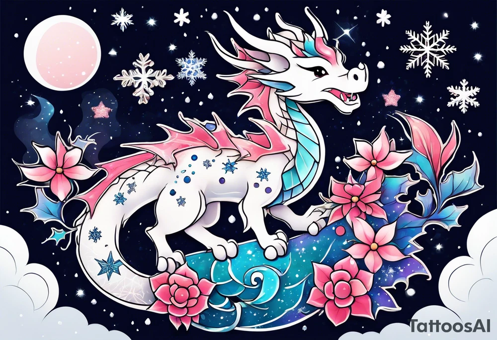 Constellation, kawaii dragon, snowflake tattoo idea