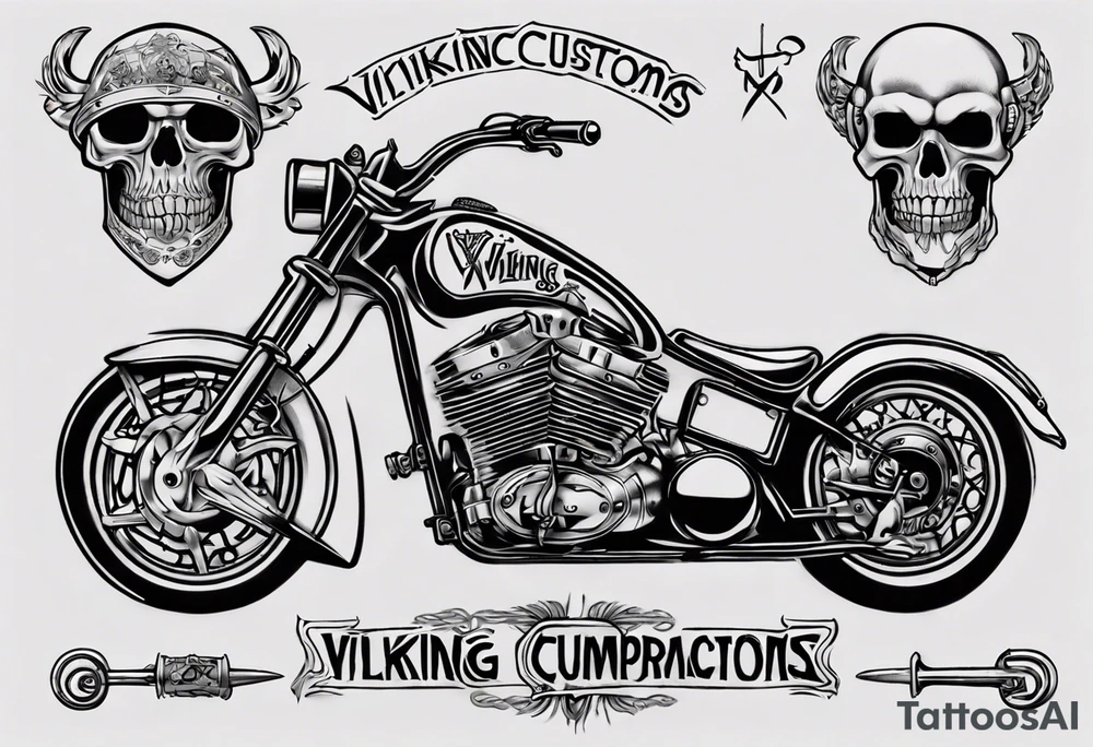 I want a tattoo of an old classic motorcycle  and a skeleton in the back with the name “Viking Customs” incorporated in the design tattoo idea