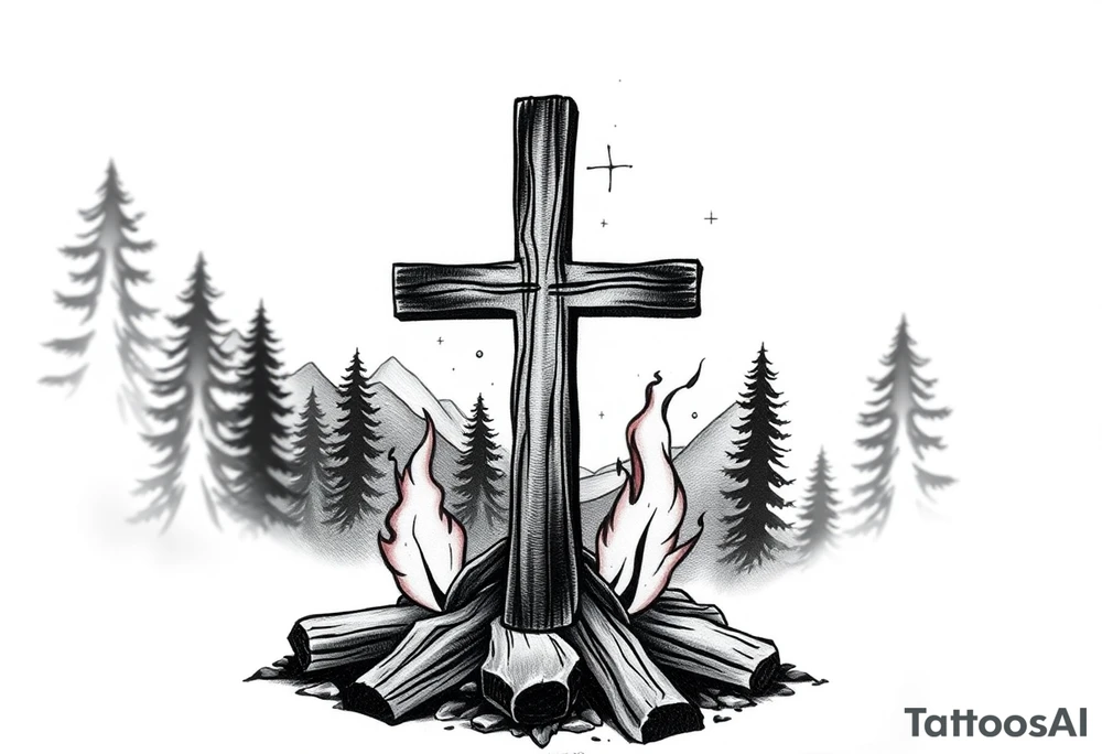 Campfire with cross include the great outdoors and night sky make sure cross doesn't look like it is on fire tattoo idea