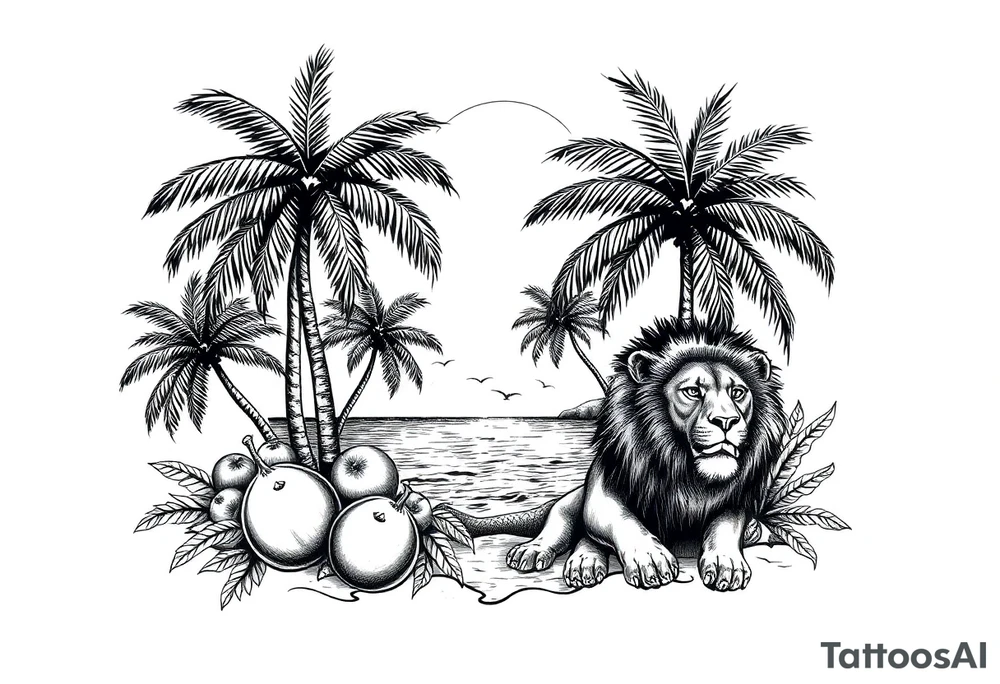 an image that represent jamaican island life with palm trees, ocean, coconuts, lions, and jamaican flag tattoo idea