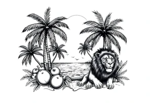 an image that represent jamaican island life with palm trees, ocean, coconuts, lions, and jamaican flag tattoo idea