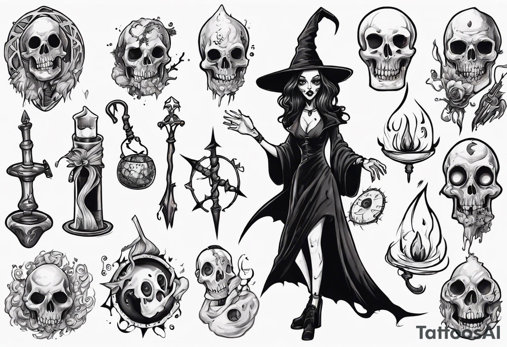 a Tim Burton-style witch necromancer rpg tattoo idea