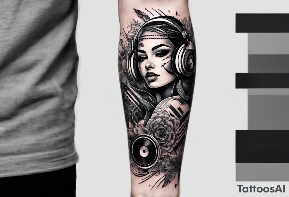 A forearm tattoo about electronic music. Abstract. Human face tattoo idea