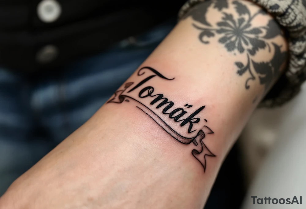 Name "Tomík" flowing like a banner above 18.6.2015 v 9:00, with subtle earth tone shading. tattoo idea