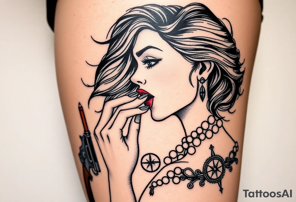 Profile of sexy woman with messy hair
, hand on chin, mouth open , lace, lipstick, pearls
compass and gun near by tattoo idea