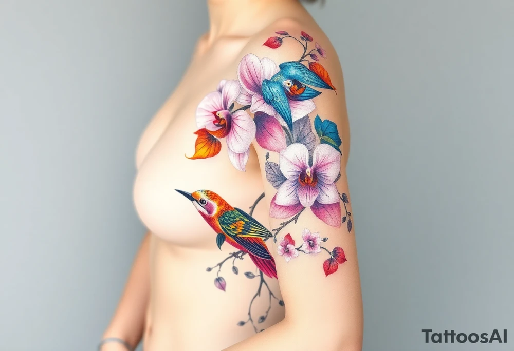 orchid flower ,  Coi fish and colorful birds tattoo idea