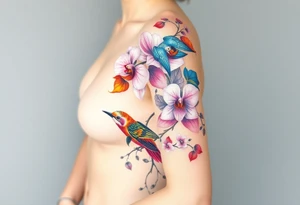 orchid flower ,  Coi fish and colorful birds tattoo idea