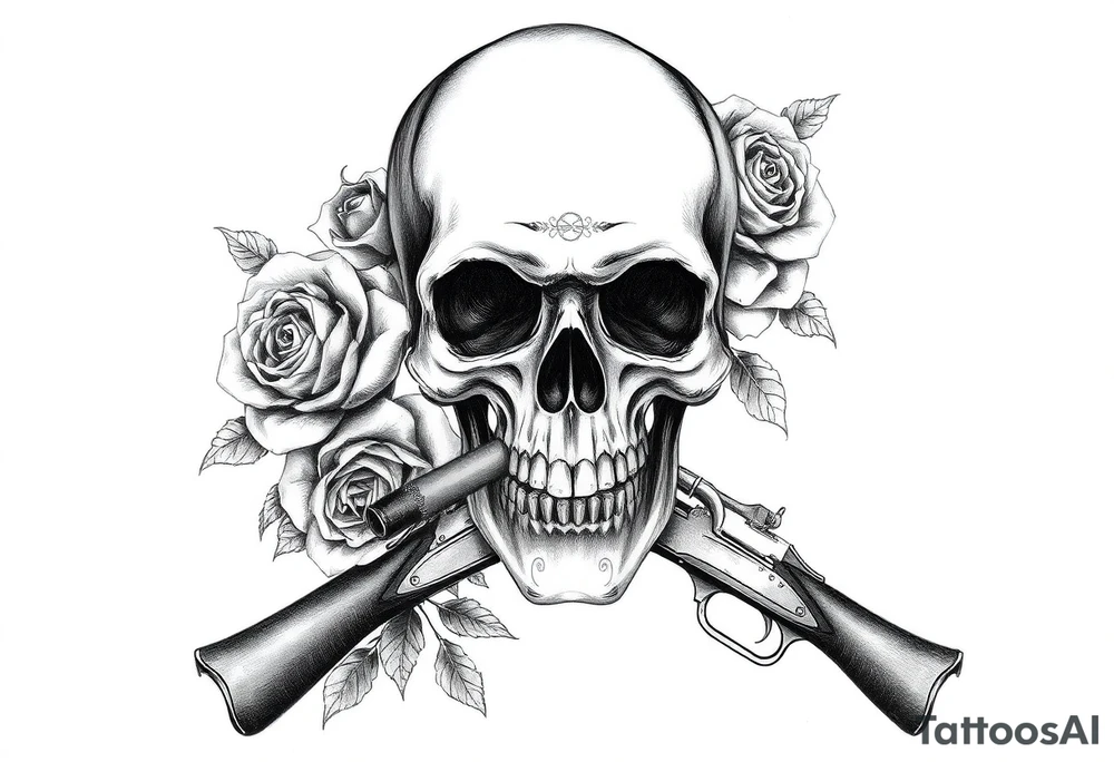 Dark realism skull, wilting roses, smoldering cigar, and antique crossed flintlocks. tattoo idea