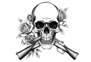 Dark realism skull, wilting roses, smoldering cigar, and antique crossed flintlocks. tattoo idea