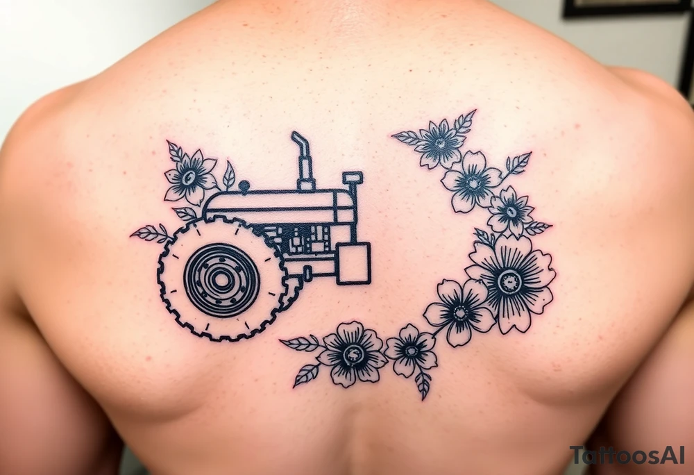 Tiny simple lined tractor tattoo surrounded with flowers tattoo idea